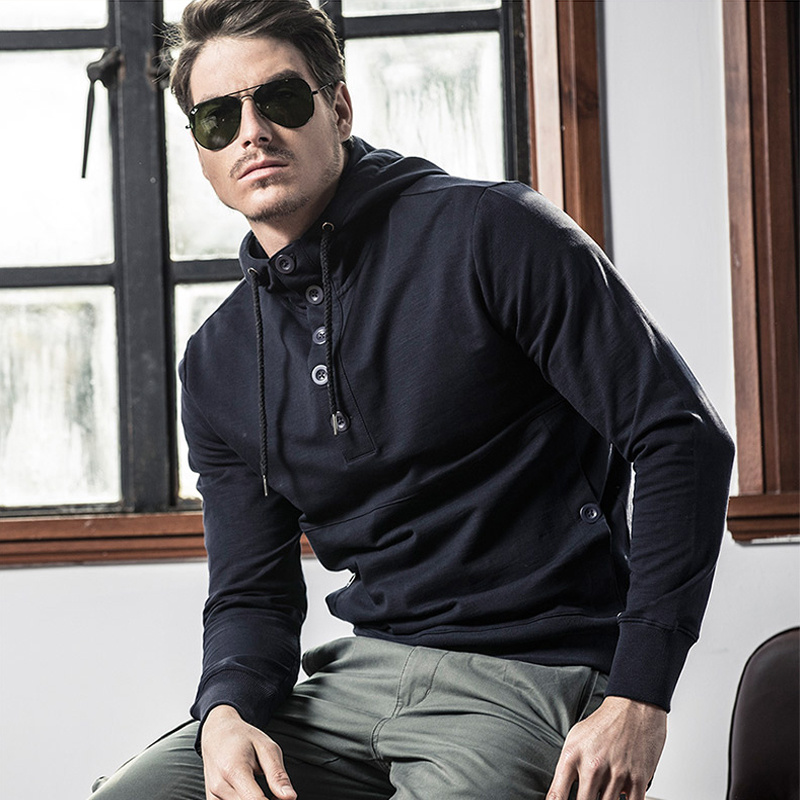 Black Pullover Mens Hoodies with Button