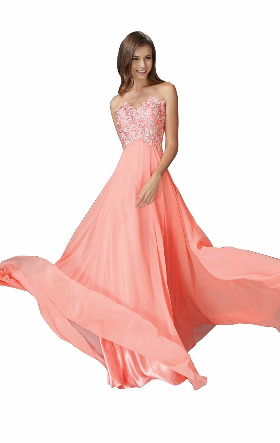 Strapless Lace Party Prom Gowns Coral Chiffon Evening Dresses EV2017