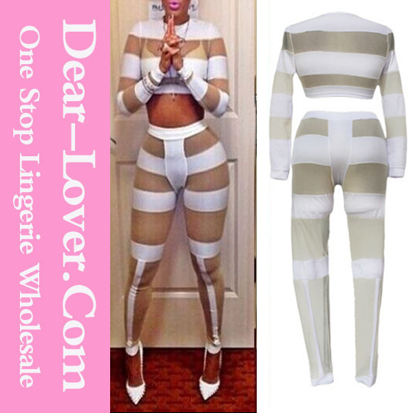 White Bold Mesh Cutout and Splice Pant Set