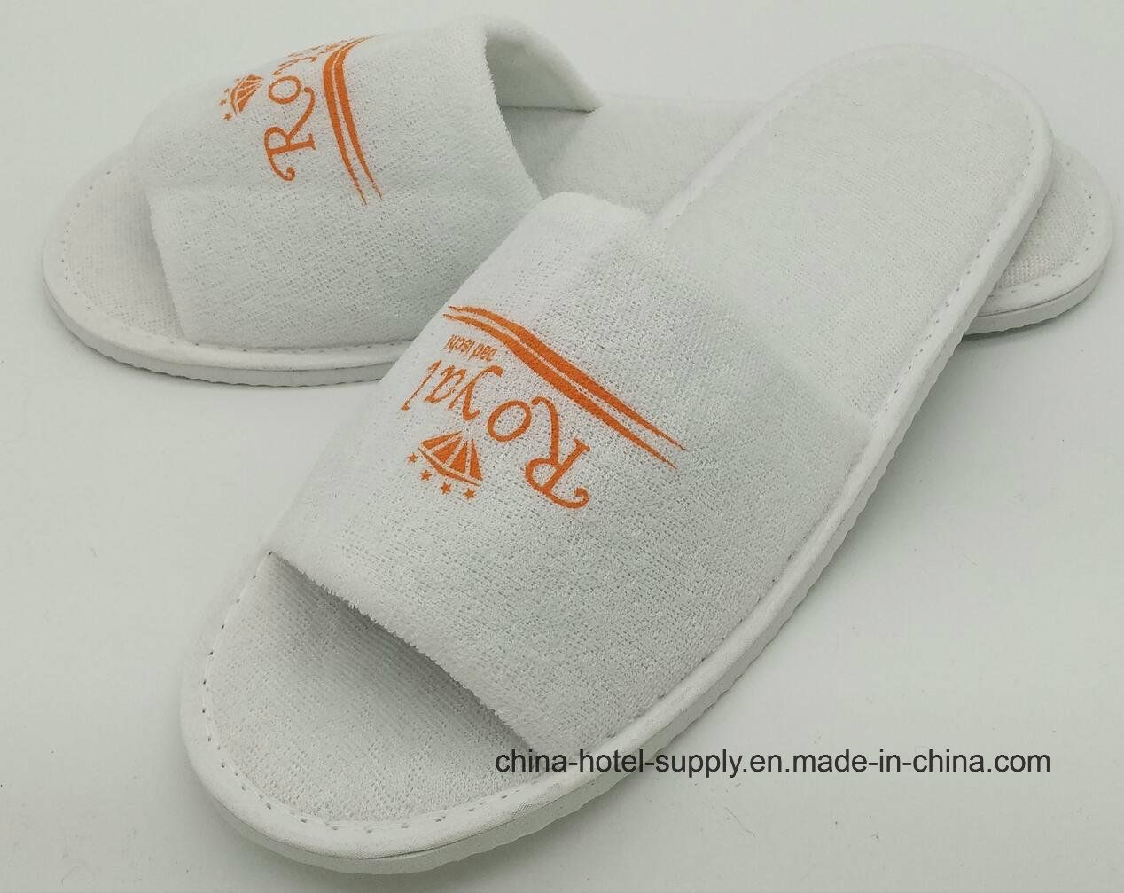 Silk Printing Terry Towel Open Toe Disposalbe EVA Sole Slipper