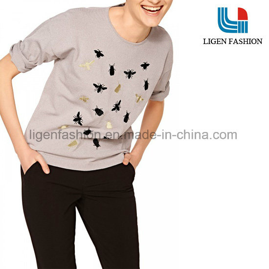 Grey Knitted Long Sleeve Sweater with Embroidery