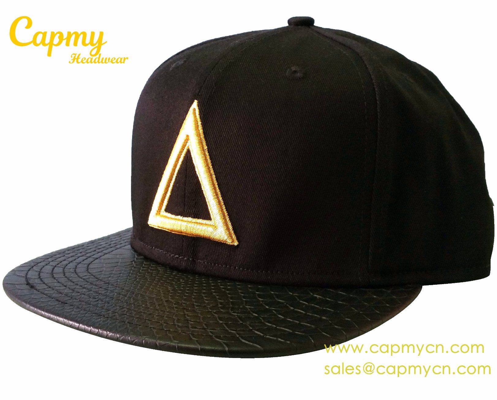 Custom Leather Brim Snapaback Cap Hat with Metallic Logo