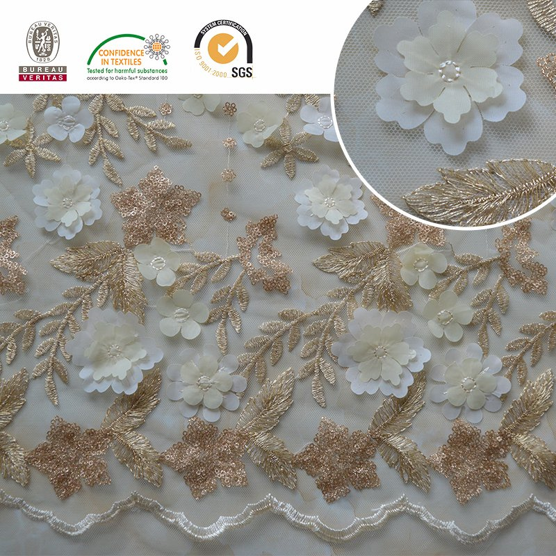 Gold Beaded Leaf Pattern Lace Fabric, Deliacate and Splendid for Wedding and Textiles C30004