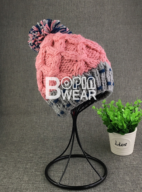 Ladies Handknit Hat with Large Yarn POM Bobble Beanie Hat