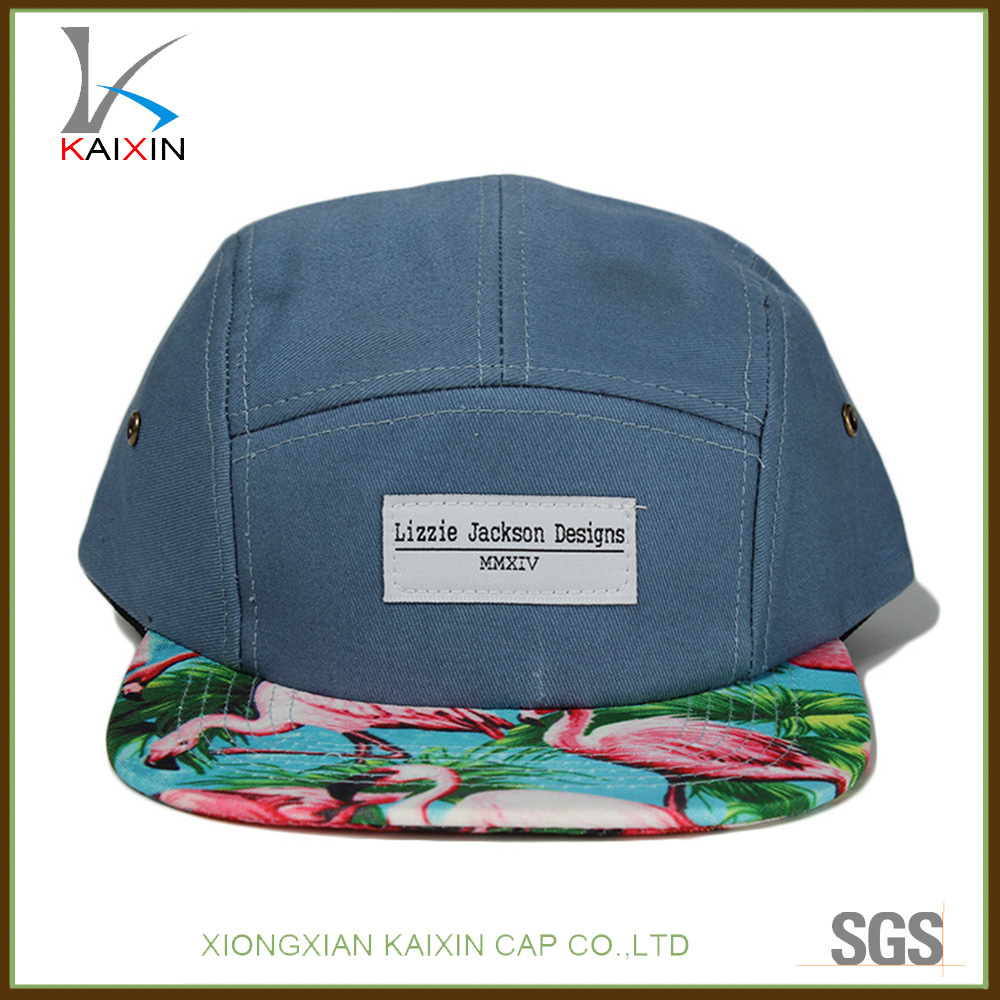 Custom Cotton Blue Floral Brim 5 Panel Hats and Caps