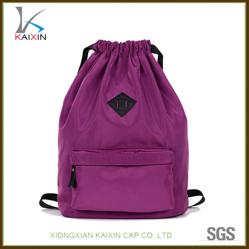 Custom Cheap Travel Bagpack Sports Drawstring Bag with Leather Patch