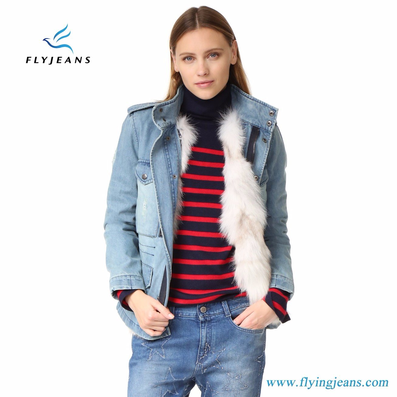 Women Hot Sale Denim Coat with Fur Lining Jacket