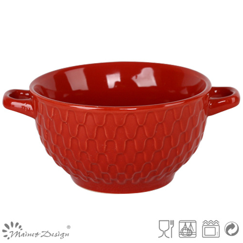 14cm Red Embossed Bowl with Two Handles Wholesale