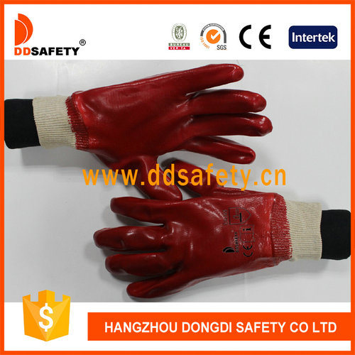 Ddsafety Red PVC Fully Dipped Gloves with Interlock Liner Knit Wrist