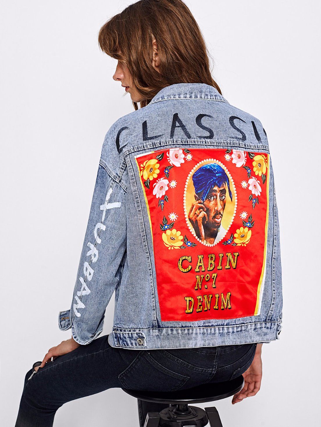 Patch Back Letter Print Bleach Wash Denim Jacket for Women