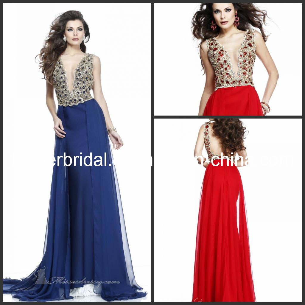 Plunging V-Neck Beaded Prom Celebrity Gowns Jewelry Party Evening Dresses E13194