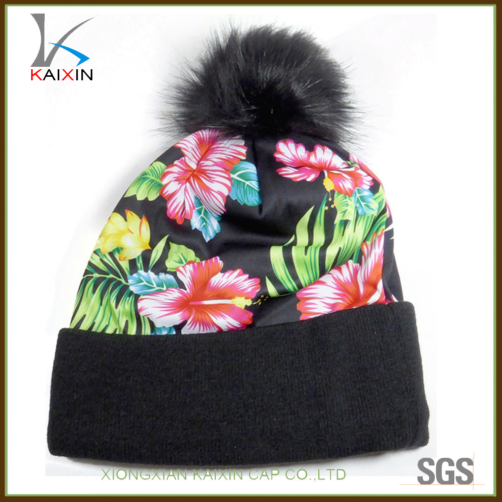 Custom Polyester Printing Knitted Beanie Hat with Top Ball