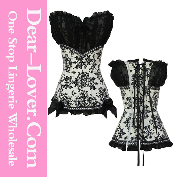 Black White Ruched Mesh Adorned Corset