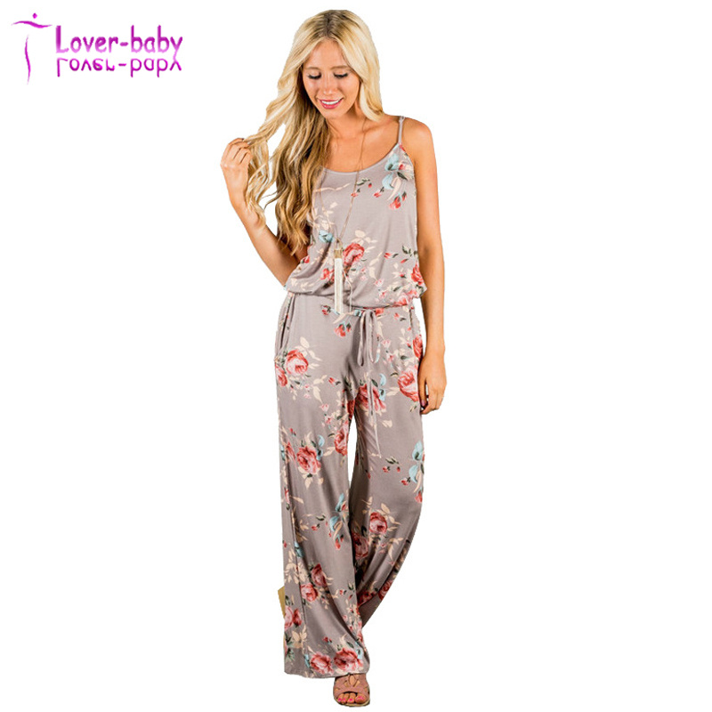 Plus Size Casual Loose Fit Floral Print Cami Beach Jumpsuit