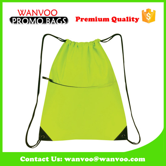 190t Polyester Ball Packing Drawstring Backpack with Zipper Pocket