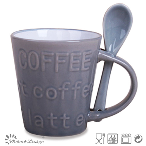 Small Embossed Ceramic Coffee Mug with Spoon