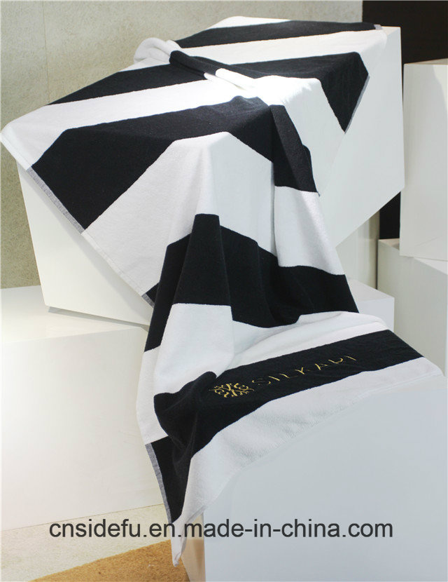 Luxurious Black and White Embroidery Logo 20cm Stripe Custom Beach Towel