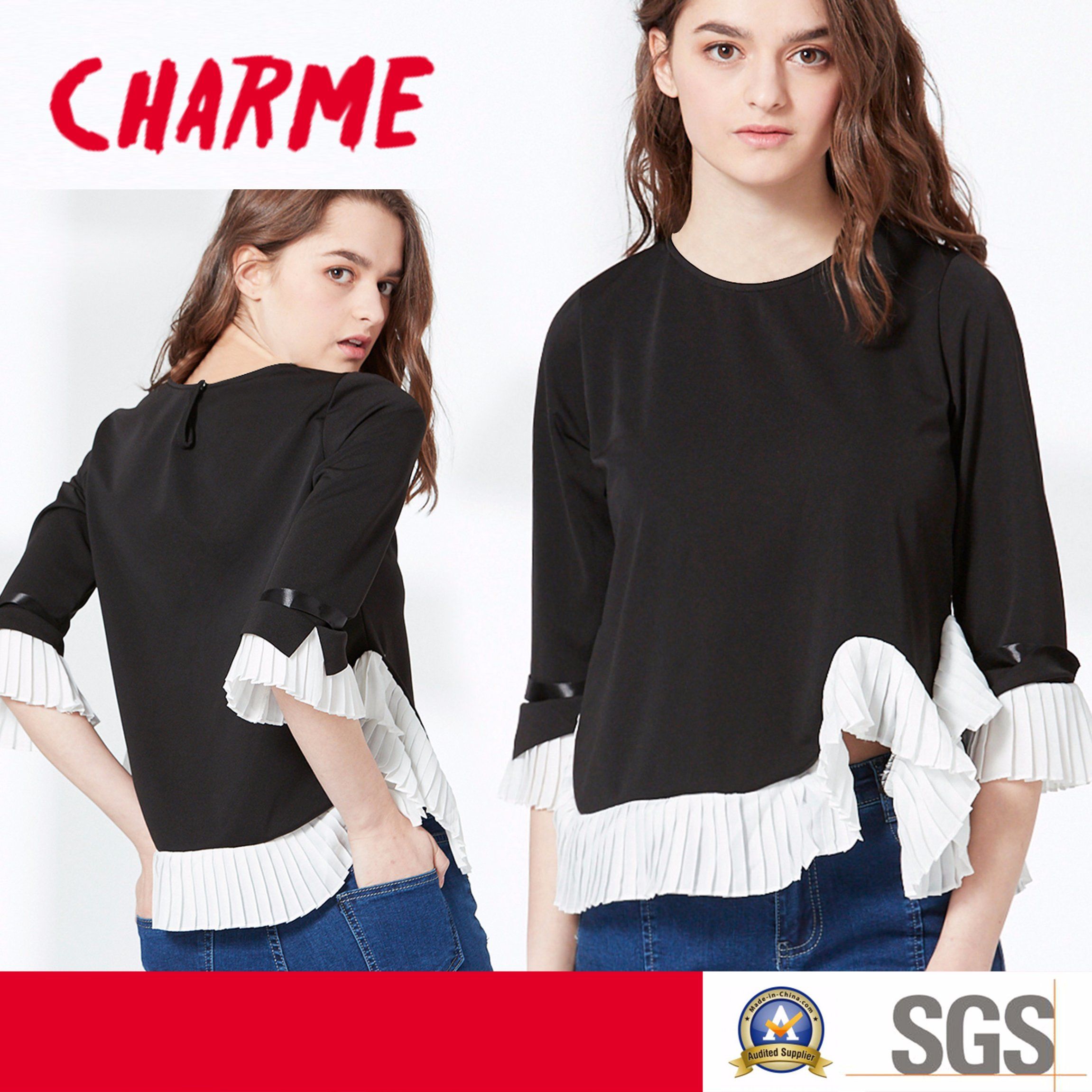 New Women Design, Pleated Chiffon Lace Knitting Top, Fashion Blouse