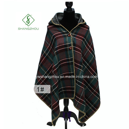 Double Side Plaid Shawl Maple Leaf Button Cloak with Hat