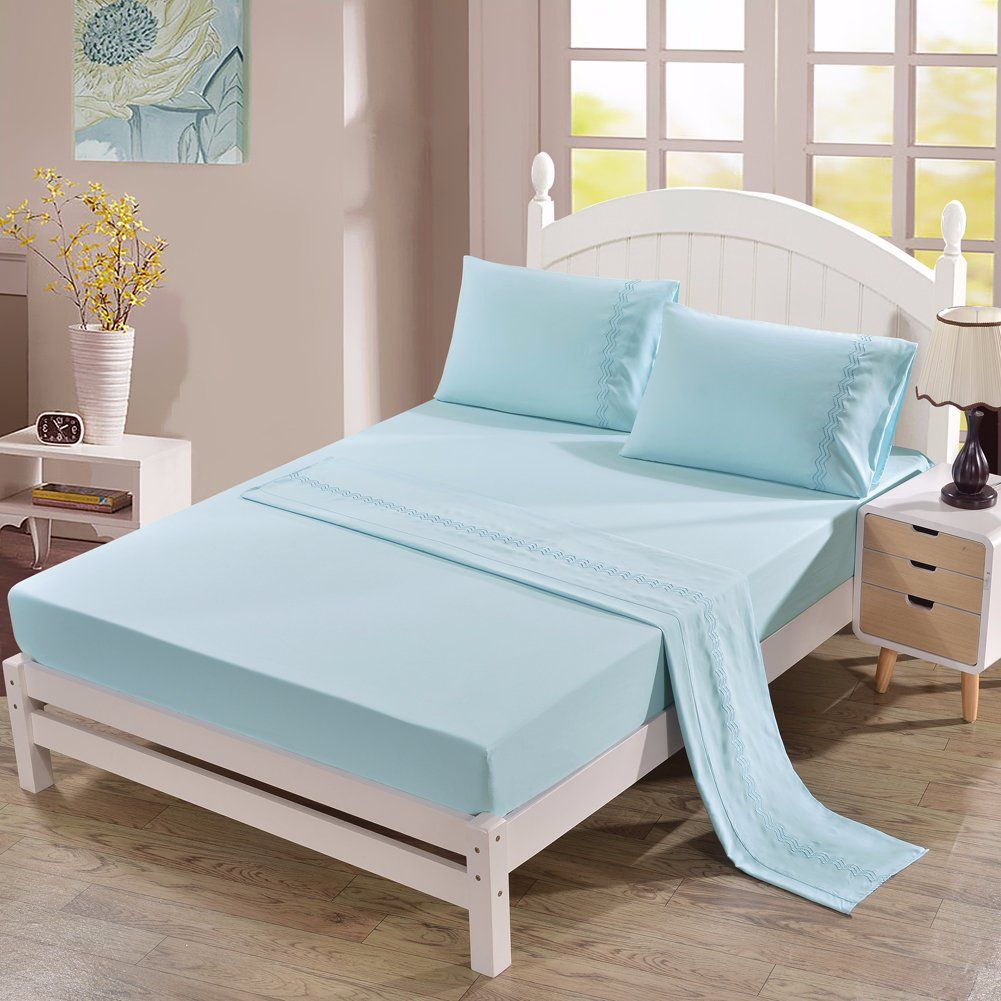 Home Textile Microfiber Solid Color Embroidery Bedding Sheet Set