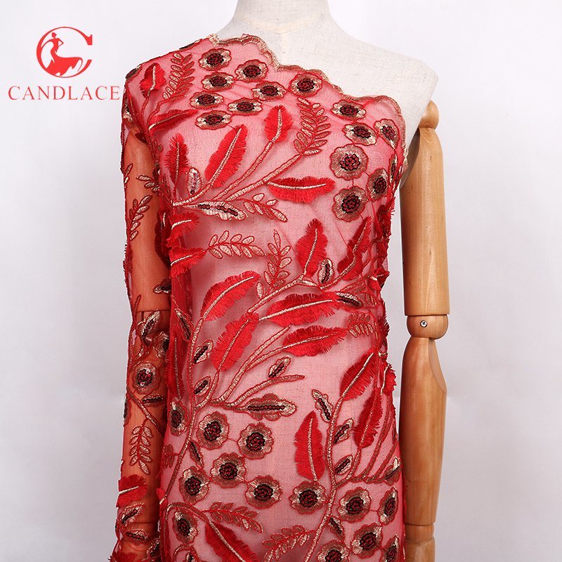 High Quality Candlace Red Color African Net Lace Fabric Design