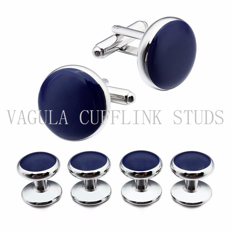 VAGULA Jewelry Blue Enamel Tuxedo Cufflinks Studs 6PCS Set Cuff Links