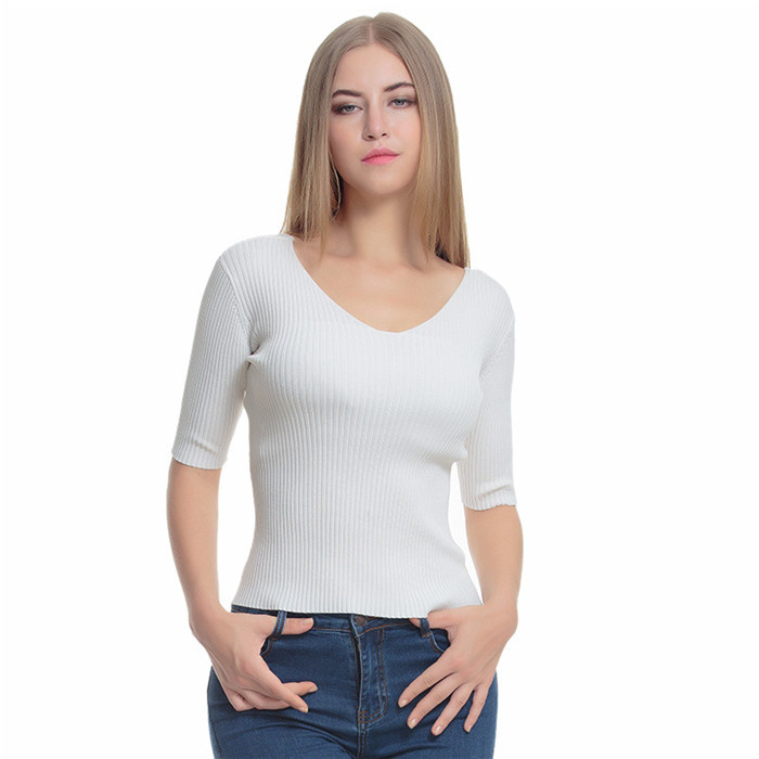 Ladies Middle Sleeve V Neck Knitting Pullover Wholesale