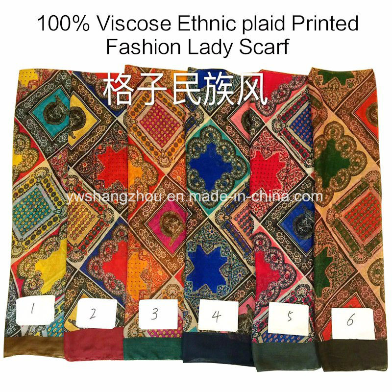 100% Viscose Hot Sale Fashion Ladies Ethnic Plaid Printed Scarf