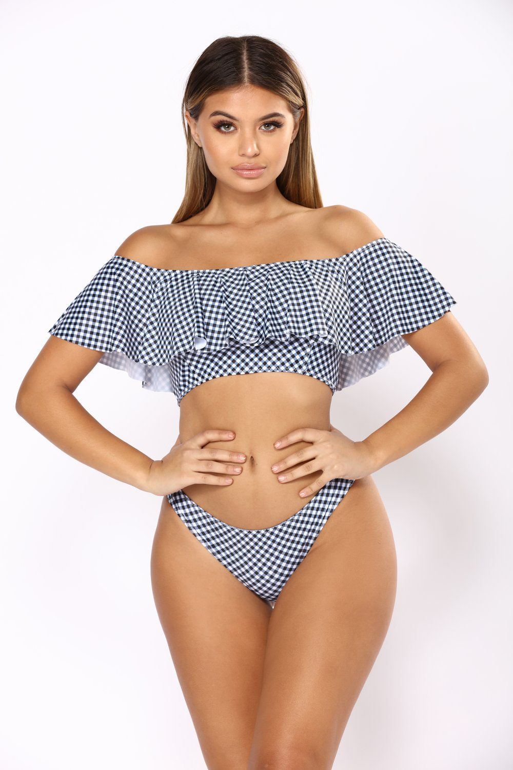 Gingham Go Bikini Set Black 2 Piece Flounce Top Cheeky Bottom