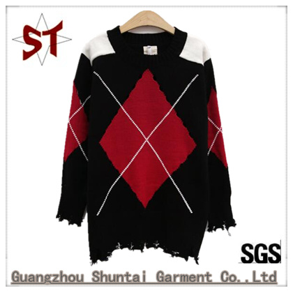 Ladies Fashion Casual Color Mixing Plaid Pattern Knit Sweater