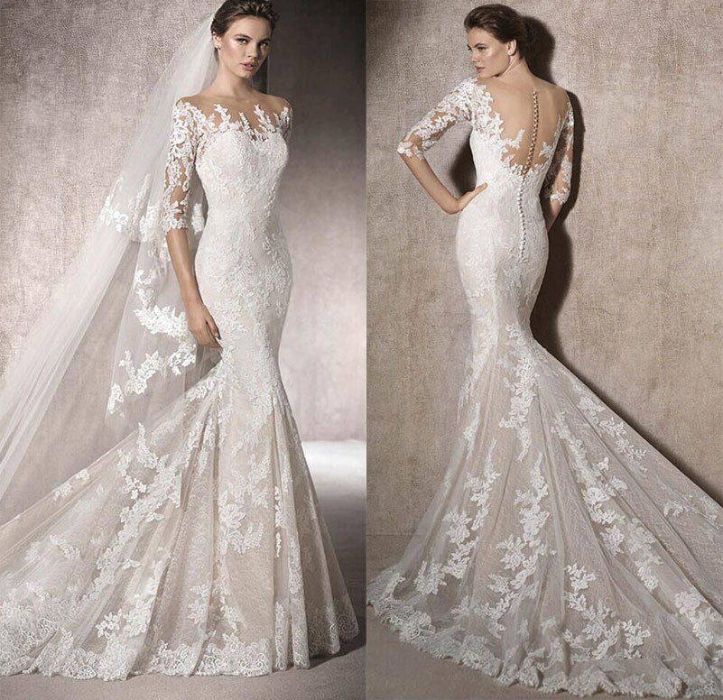 Lace Half Sleeves Nude V Neck Bridal Wedding Dress Gown