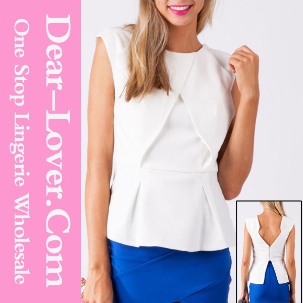 Womanly White Zipped Back Top with Peplum Detail