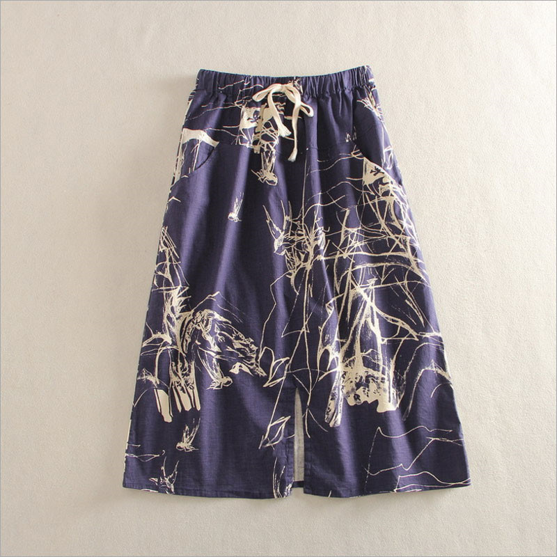Japan Style High-Waist Cotton&Linen Front Slit Skirt with Lacing