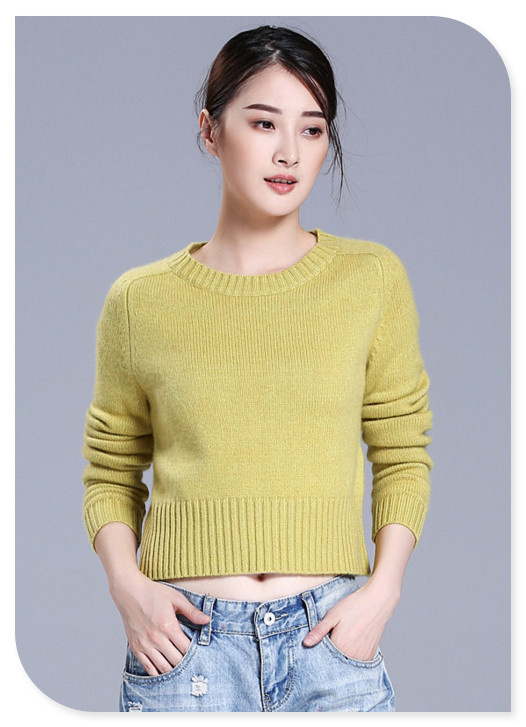 Ladies' Slim Fit Sweater Short Pure Cashmere Top Pullover with Crew Neck and Long Sleeves
