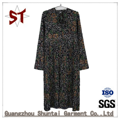 Spring Lady Flower Pattern Long Sleeve Pleate Dress