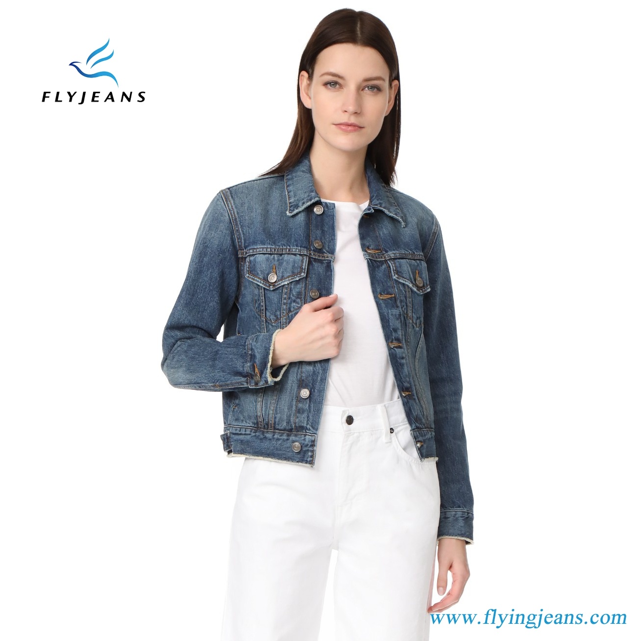 Classic Profile Short Ladies Denim Jean Jacket in Fold-Over Collar and Button Placket
