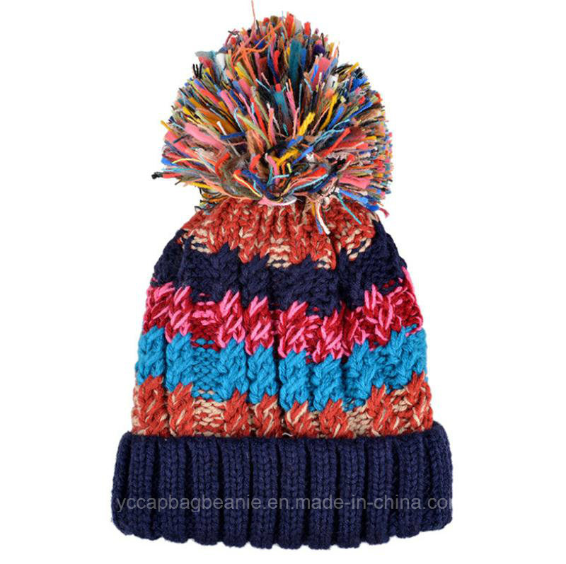 Fashion Multi Color Laides Knitted Pompom Warm Beanie Hat