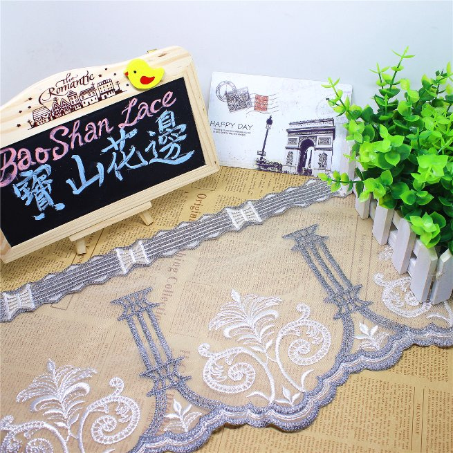 Factory Stock Wholesale 20cm Width Embroidery Gold Thread Nylon Net Lace Polyester Embroidery Trimming Fancy Mesh Lace for Garments Accessory & Home Textiles