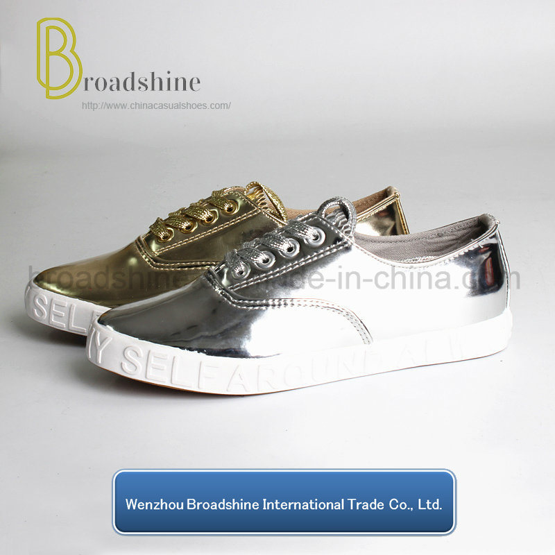 2017 Fashion Golden and Silver PU Lady Shoes with Embossed Foxing