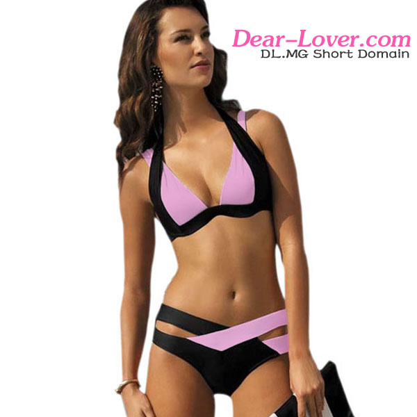 Black Pink Color Block Push up Bikini Swimwear