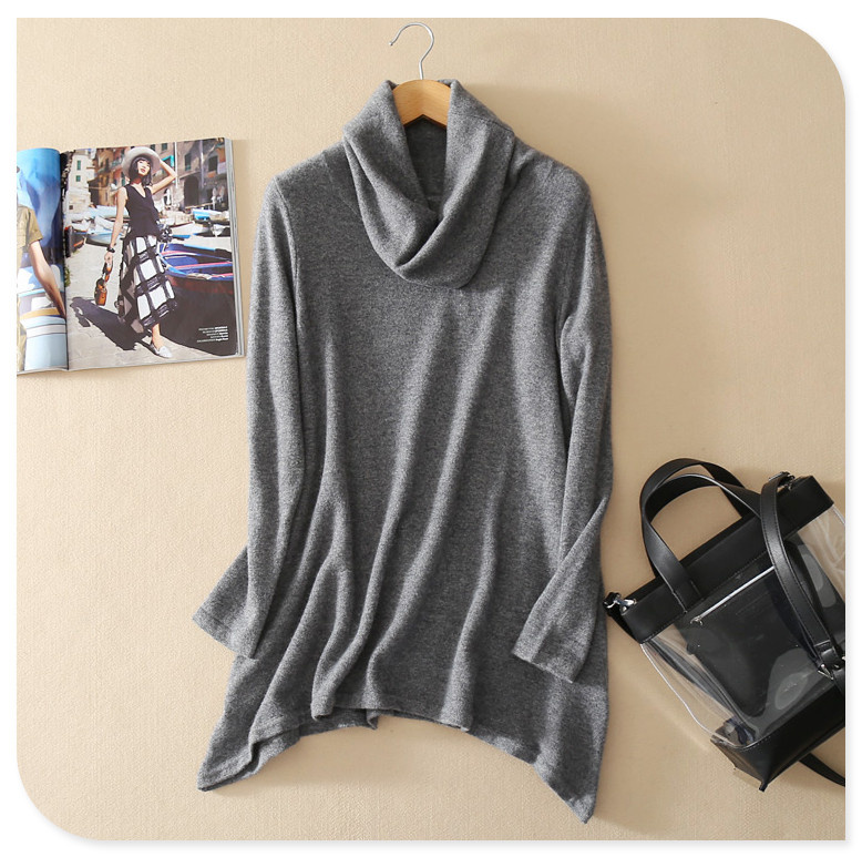 New Design Knitwear Turtleneck Long Sleeves Pullover Pure Cashmere Sweater with Irregular Hem for Spring