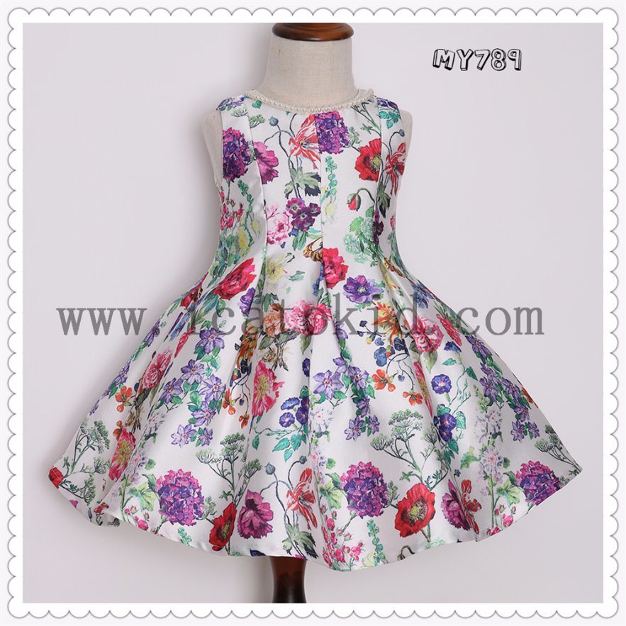 Elegant Stain Flower Pattern Kids Clothes Short Every Days Dress for Girl