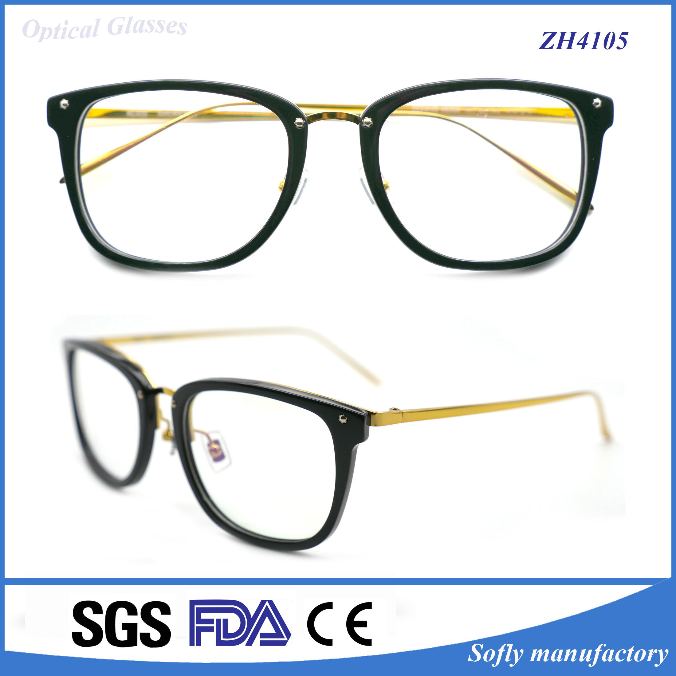 High Quality Acetate Optical Frame Eyeglasses with Metal Temples