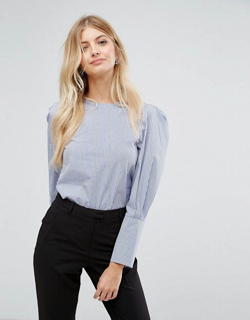 Ladies Striation Blouse with Collarless Long Sleeve Blouse