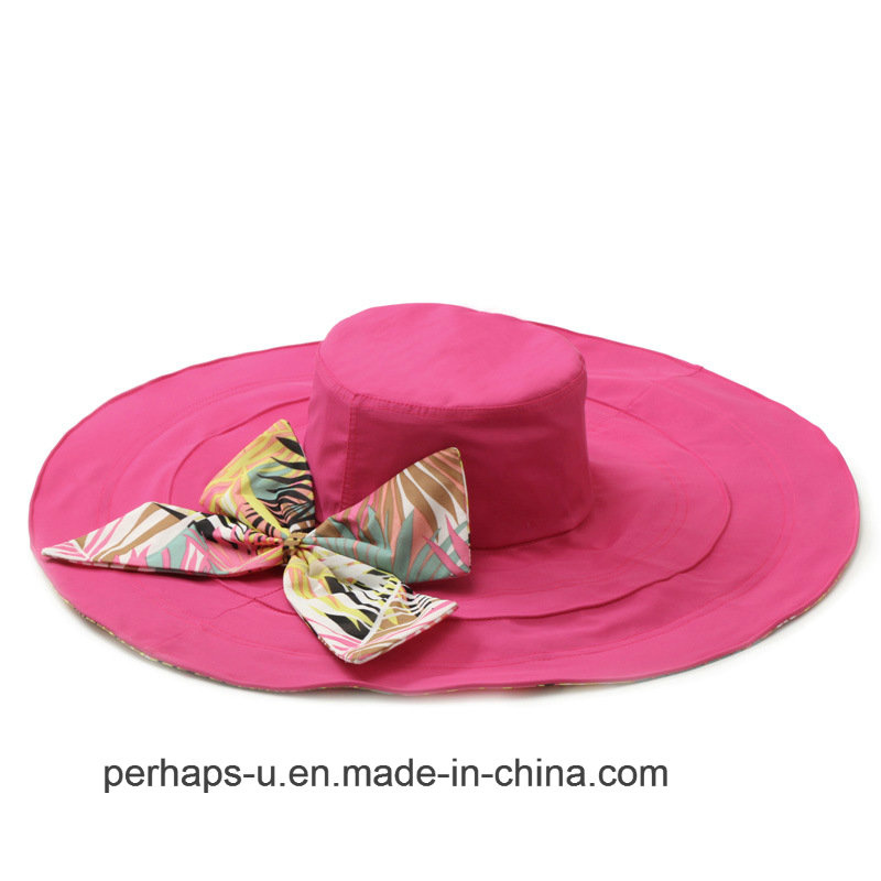 Double-Sided Wide Bill Cotton Beach Hat with Bowknot Design