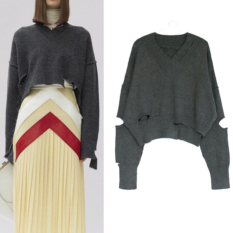 2018 Ladies Distressed Ripped Sweater Chunky Pullover Fashion for Spring and Fall