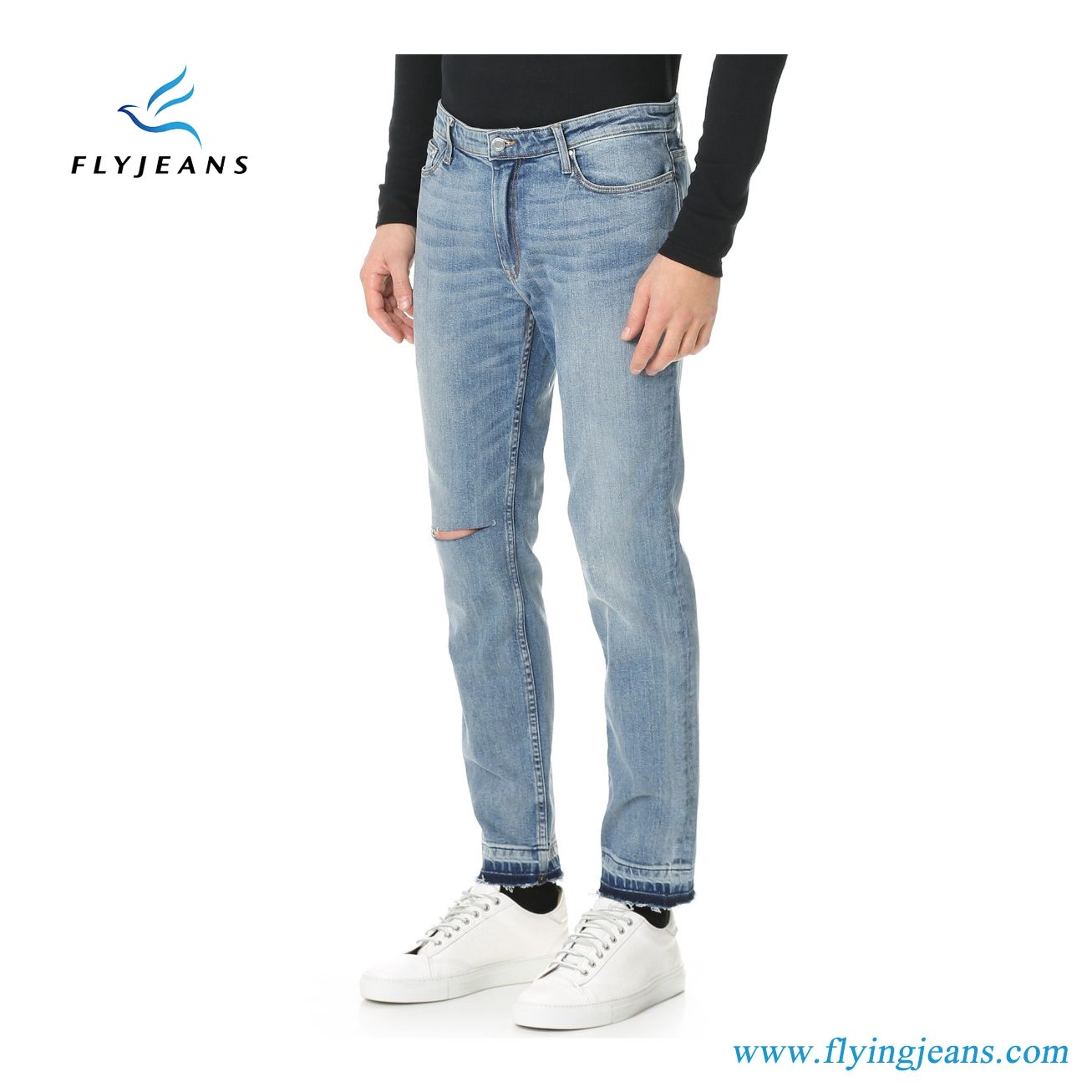 Men's Whiskered Teared Stonewashed Denim Jeans with Frayed Leg Openings