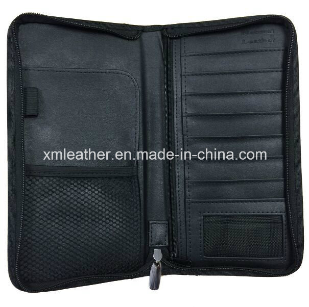 Embossed Black Zip PU Leather Travel Document Wallet for Passport