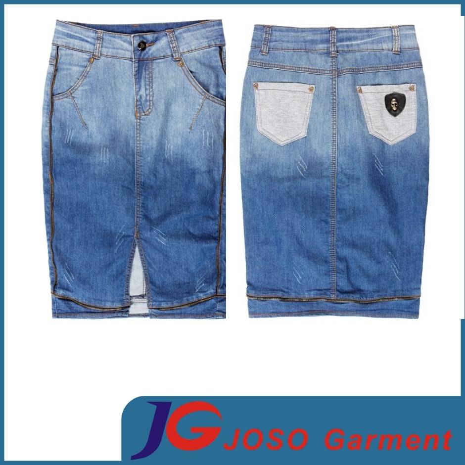Women Long Blue Jeans Skirt with Zipper on Edge (JC2072)