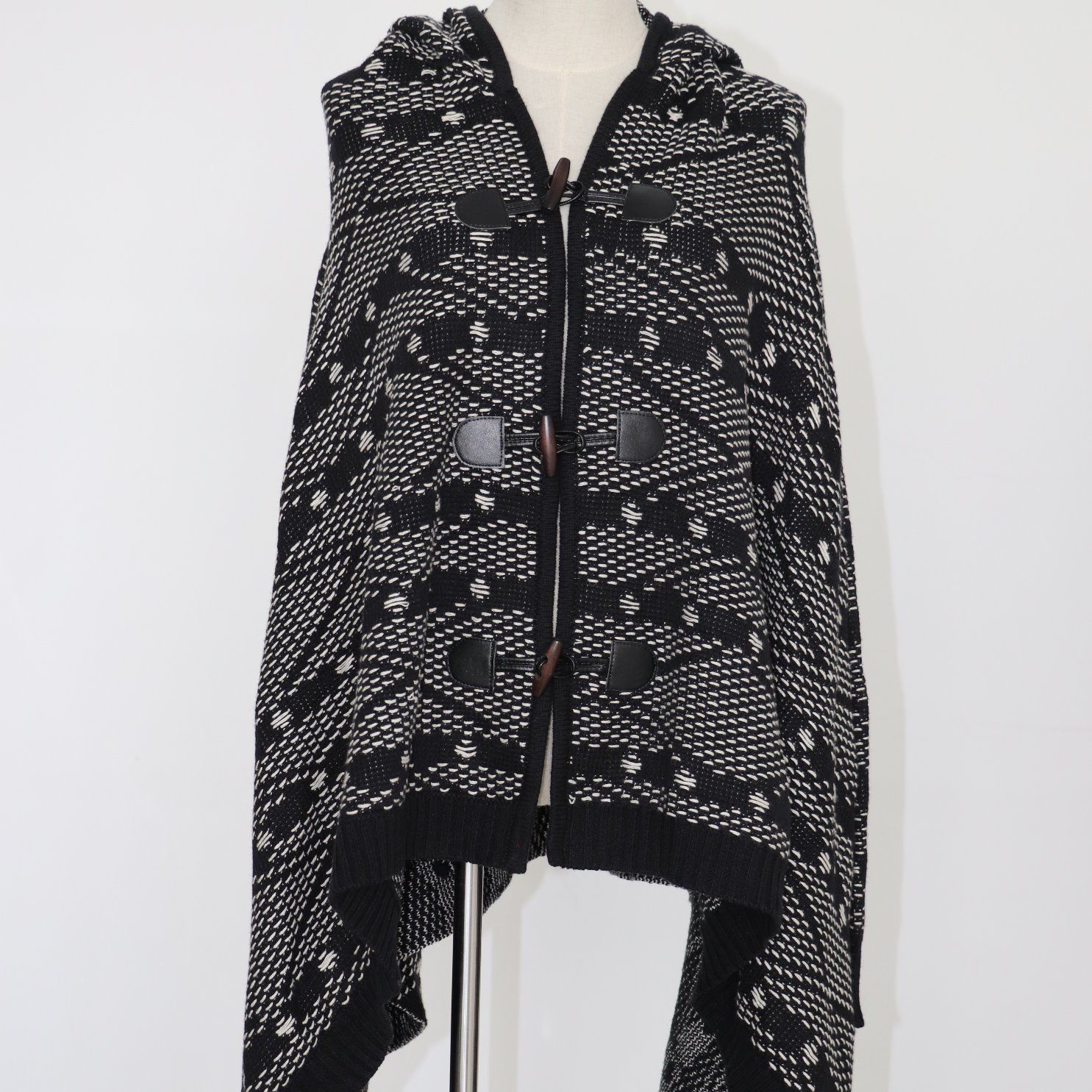 Over Size Ladies' Hoodie Poncho with Three Buttons Closure in Heavy Guage with Long Sleeves and Intarsia Pattern Design